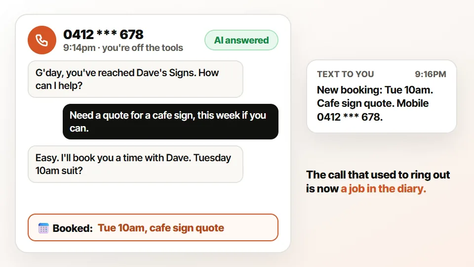 A 9:14pm call answered by an AI receptionist, booked in, with a text to the owner