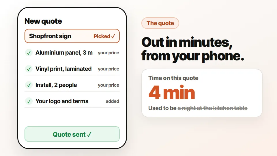 A quote built on a phone from your own price list and sent in four minutes